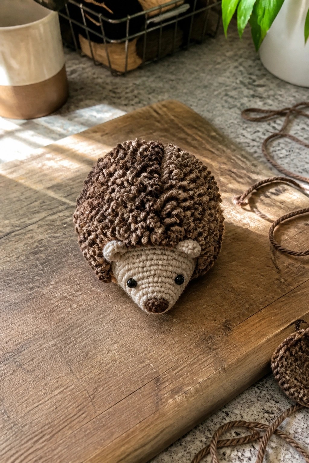 Crocheted brown hedgehog toy on wooden cutting board in kitchen setting.