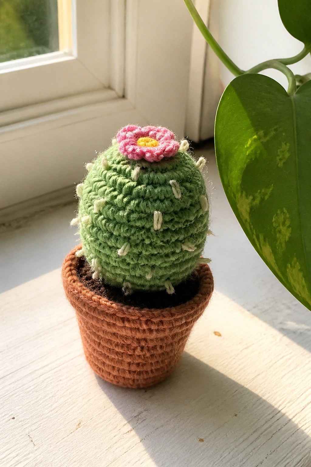 Green crocheted cactus with pink flower in brown pot on windowsill