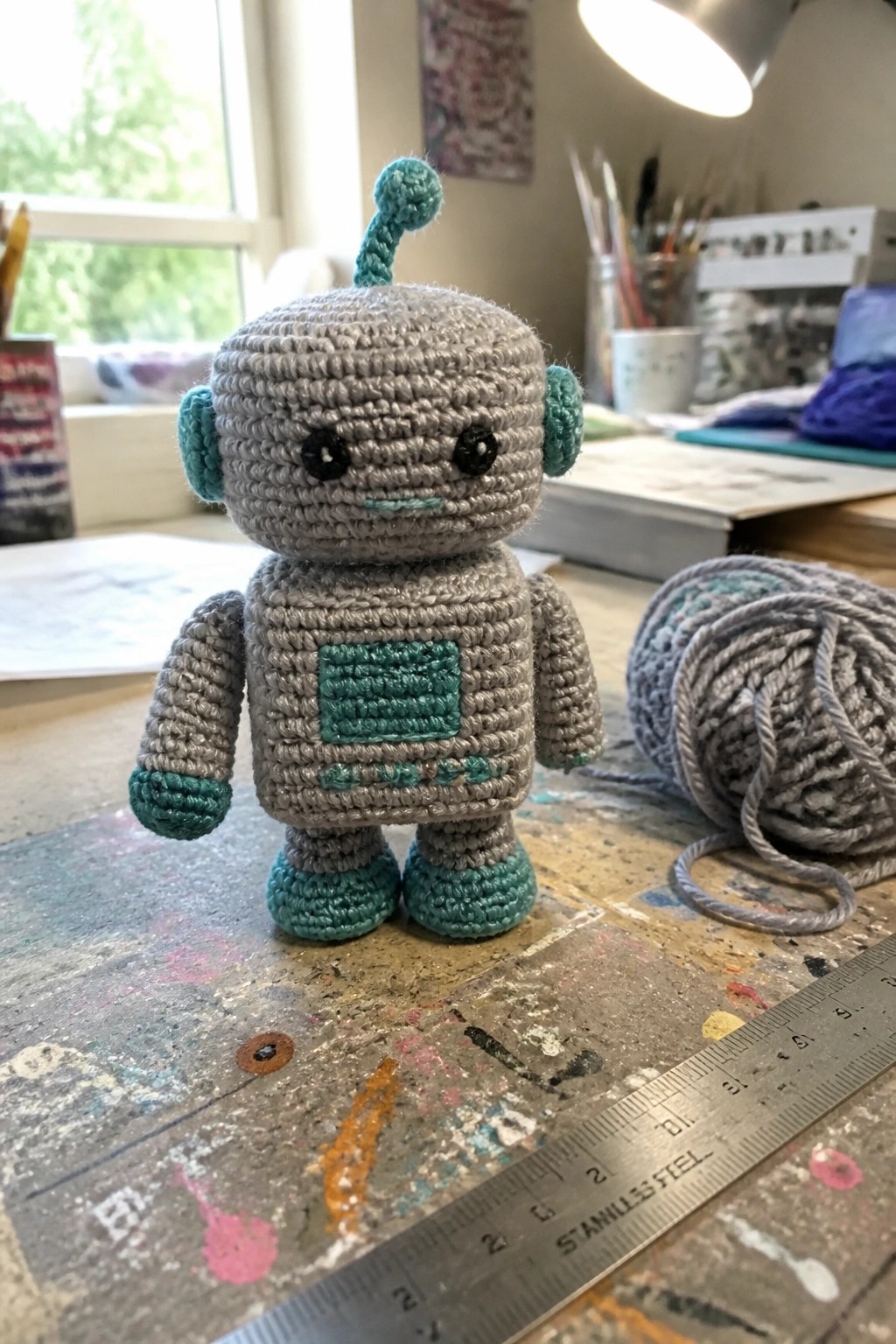 Gray crocheted robot toy with teal accents on paint-splattered table beside ruler and yarn