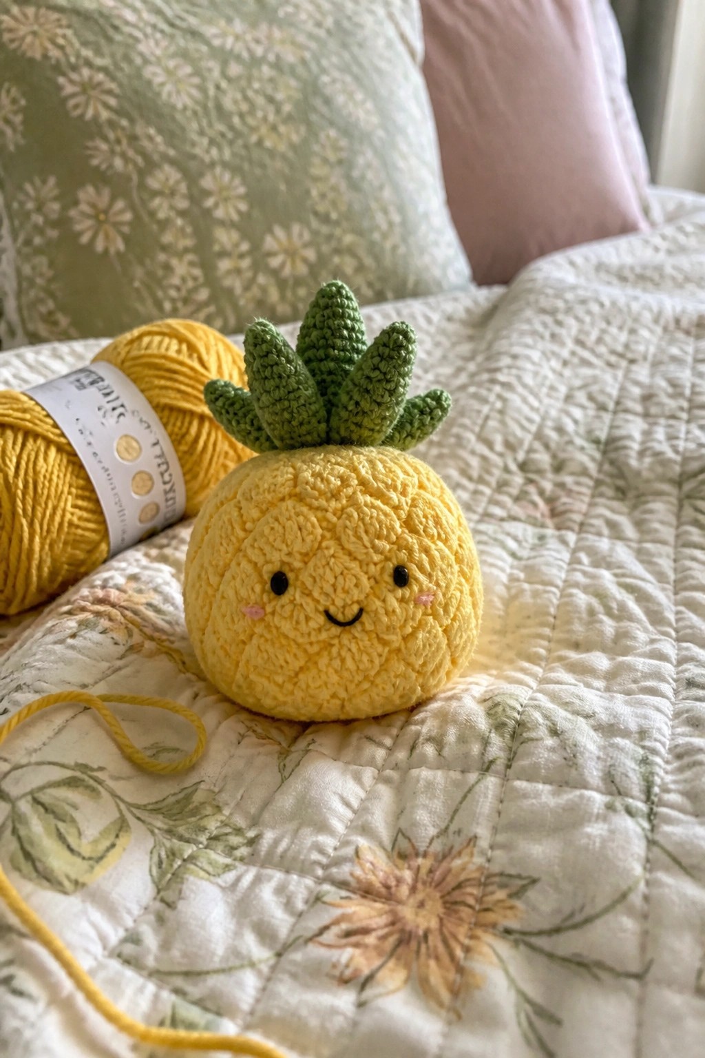 Crocheted yellow pineapple toy with green leaves on floral quilt beside yellow yarn