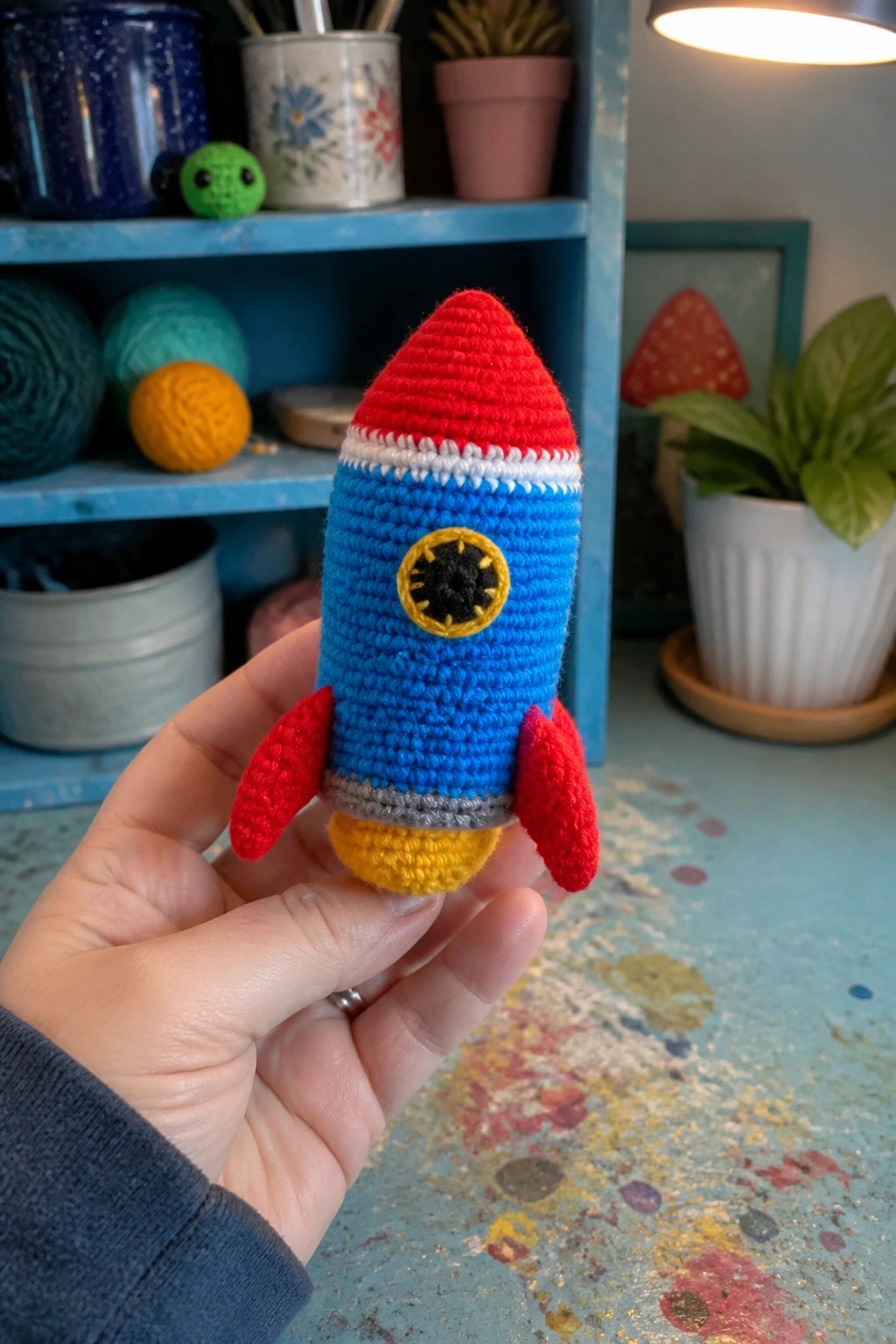 Hand holding crocheted rocket with red nose cone, blue body, red fins, yellow base.