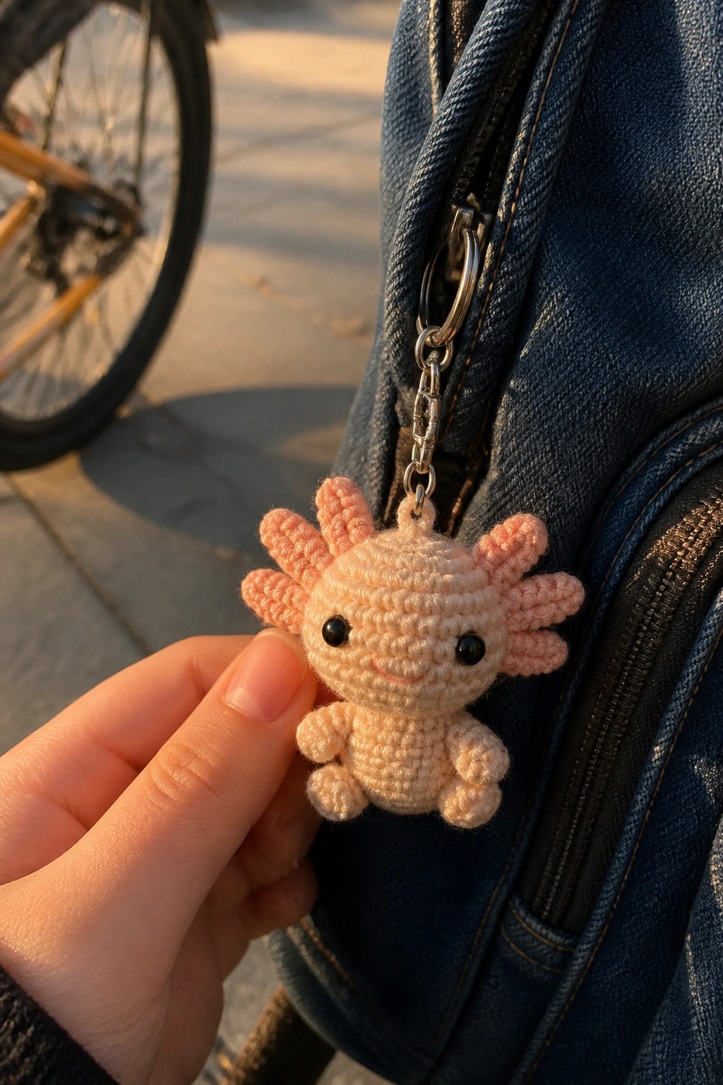 Hand holding pink crocheted axolotl keychain on blue denim backpack near bicycle wheel.