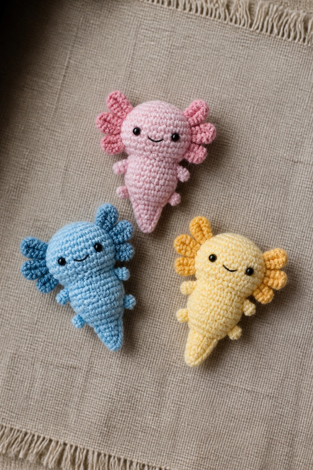 Three colorful crocheted axolotl toys in pink, blue, and yellow on beige fabric.