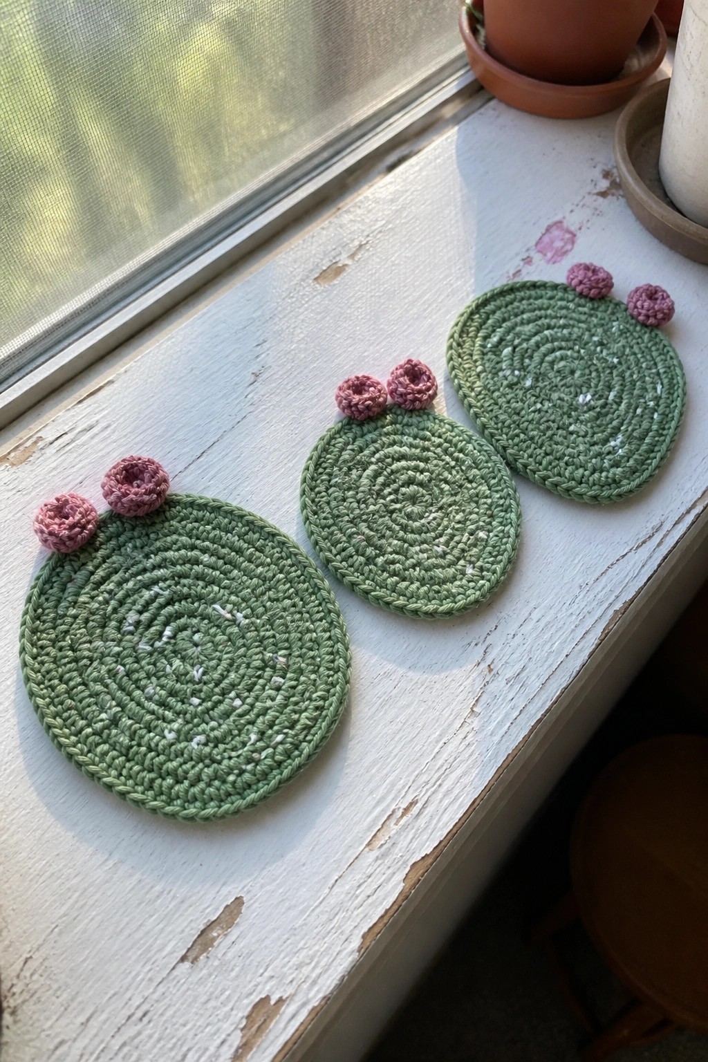 Three green crocheted cactus coasters with pink flowers on white windowsill