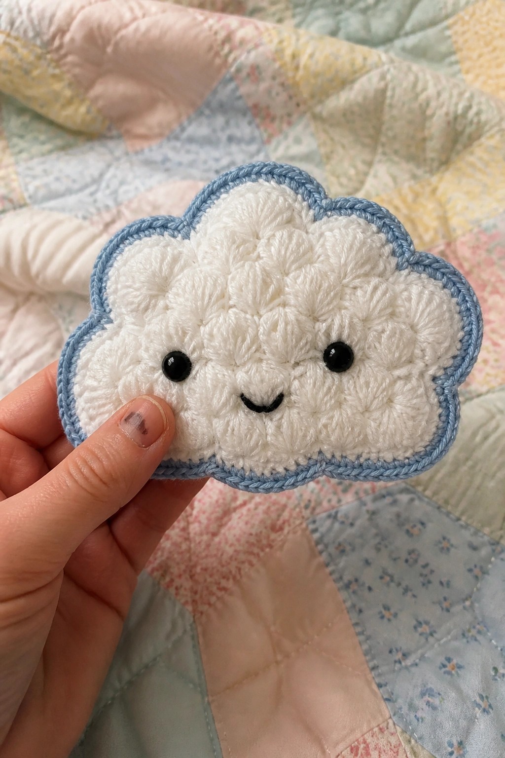 Hand holding crocheted white cloud with blue trim, black eyes and smile over quilt.