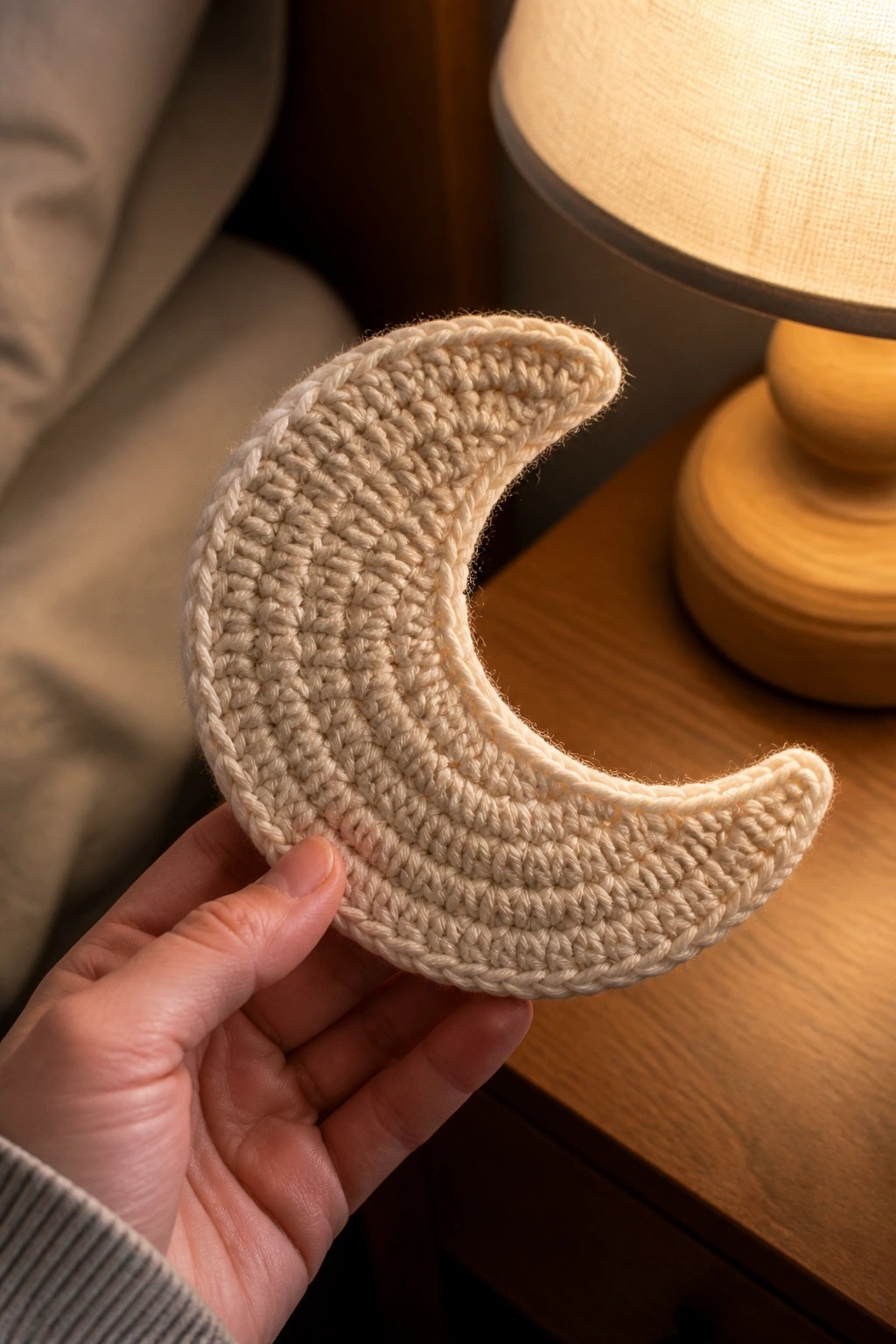 A hand holds a cream crocheted crescent moon shape above a wooden nightstand with a lamp in the background.