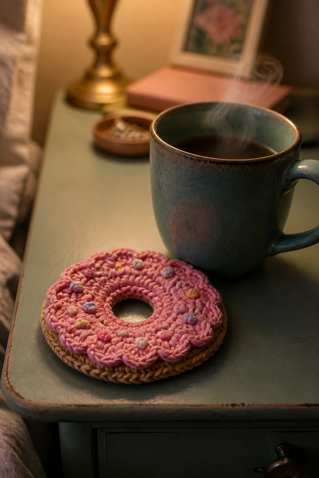 Pink crocheted donut coaster beside steaming blue mug on green table