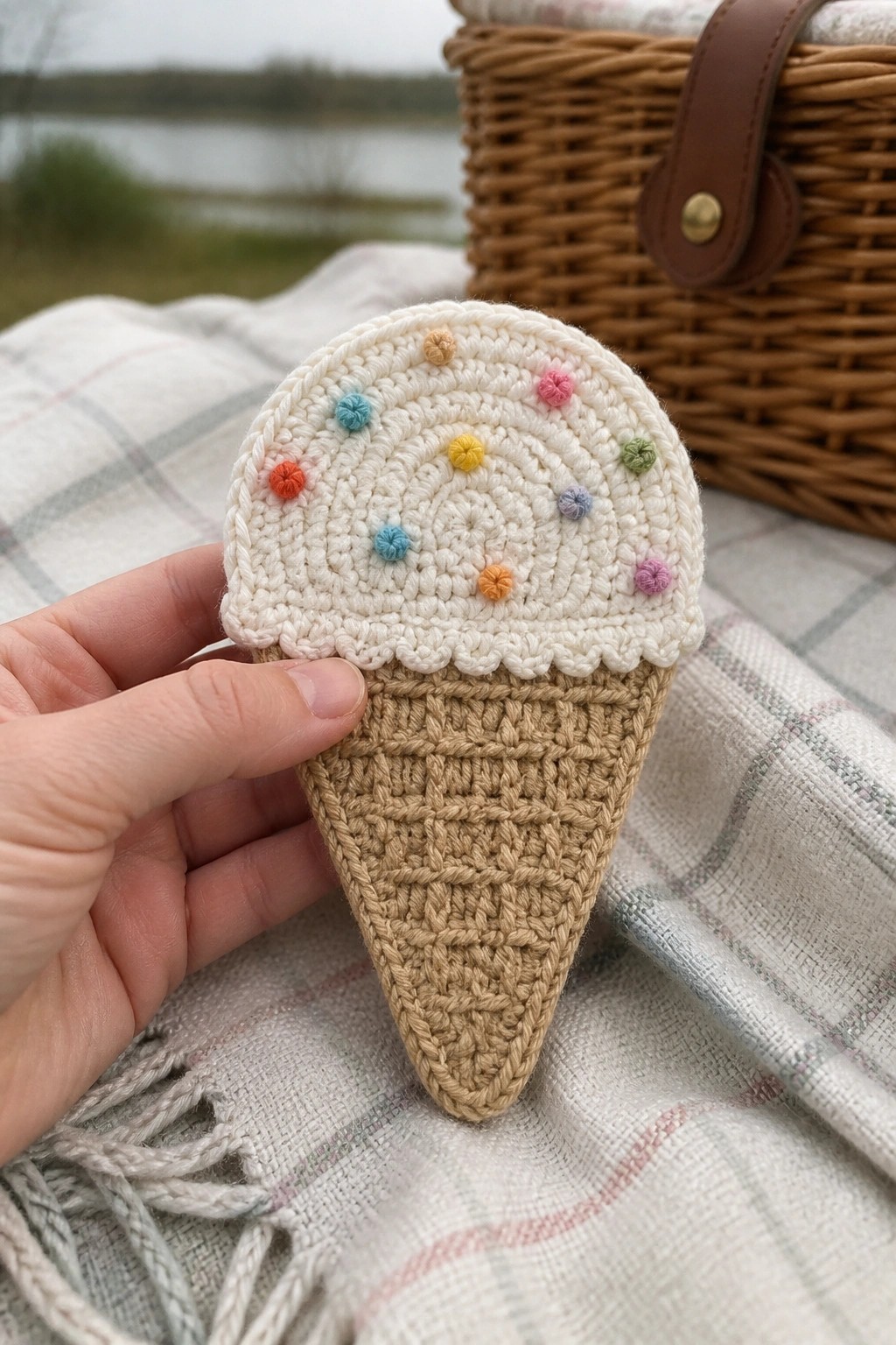 Hand holding crocheted ice cream cone with colorful dots on picnic blanket