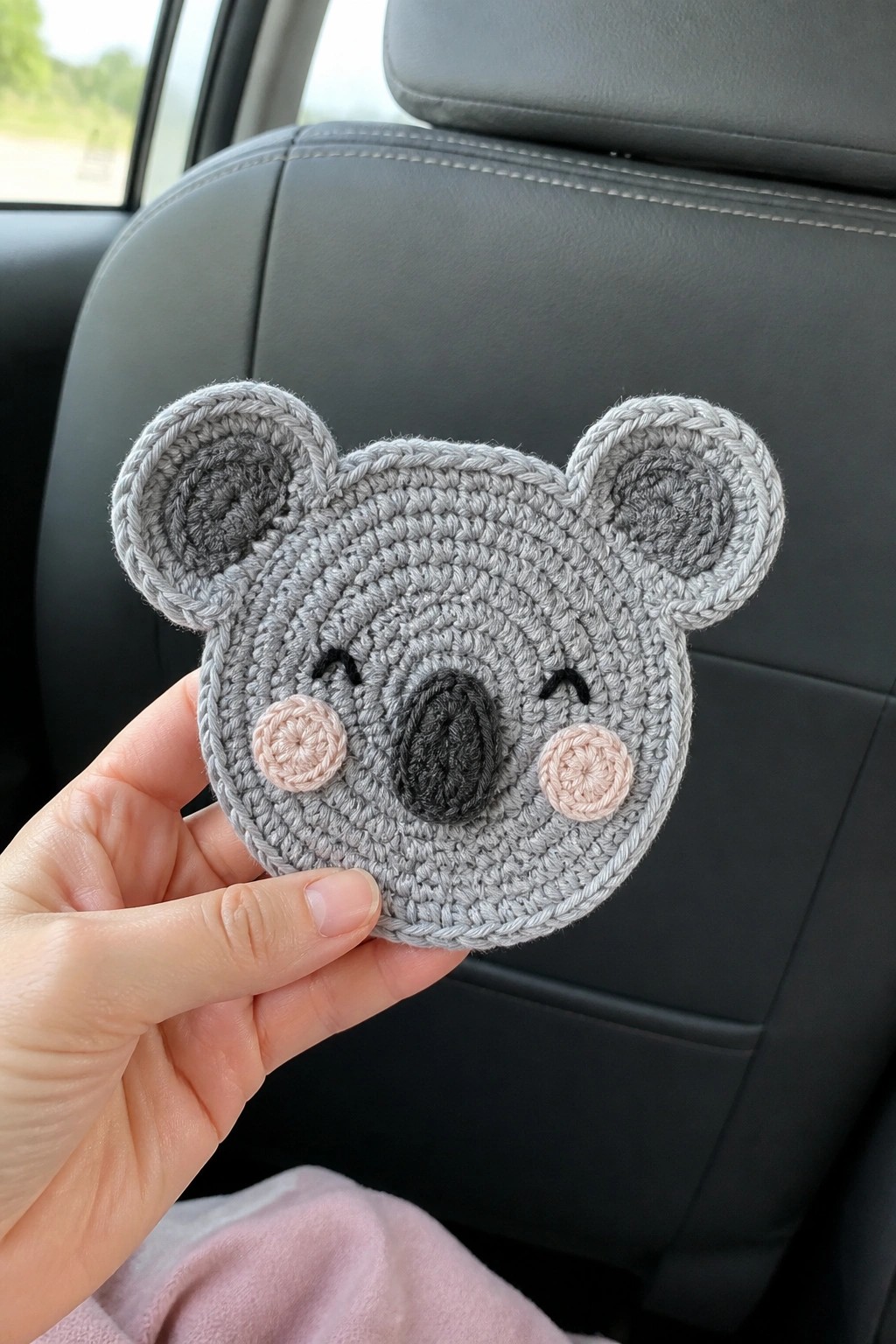 Hand holding gray crocheted koala face with pink cheeks inside car