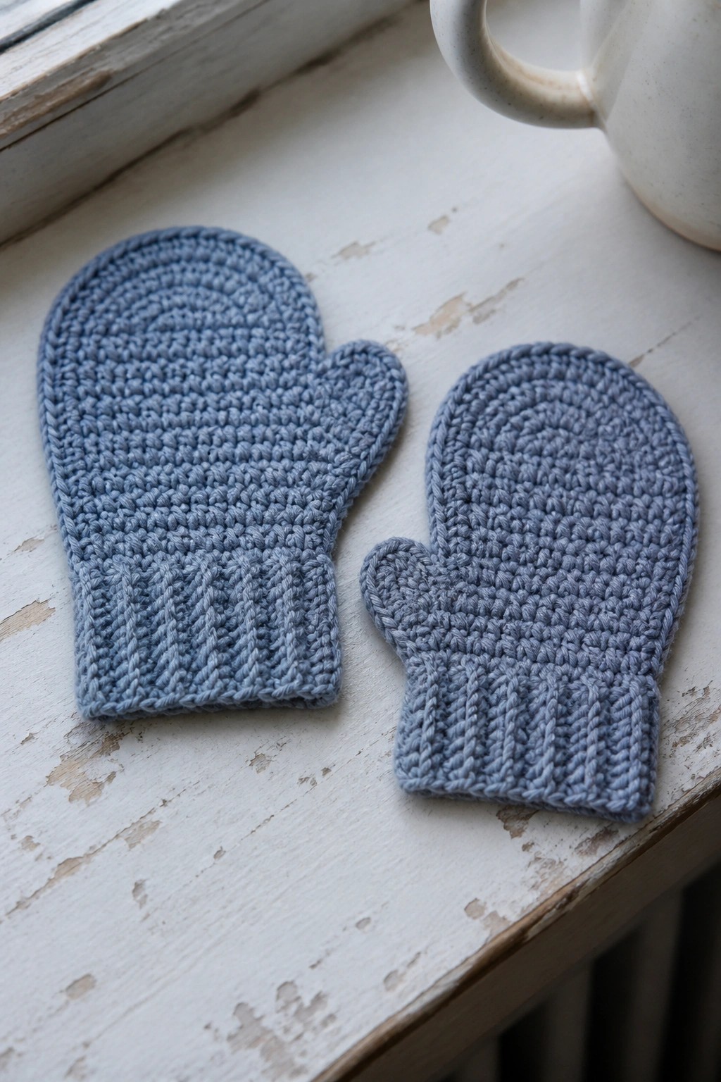Two light blue knitted mittens on weathered white wood beside a mug