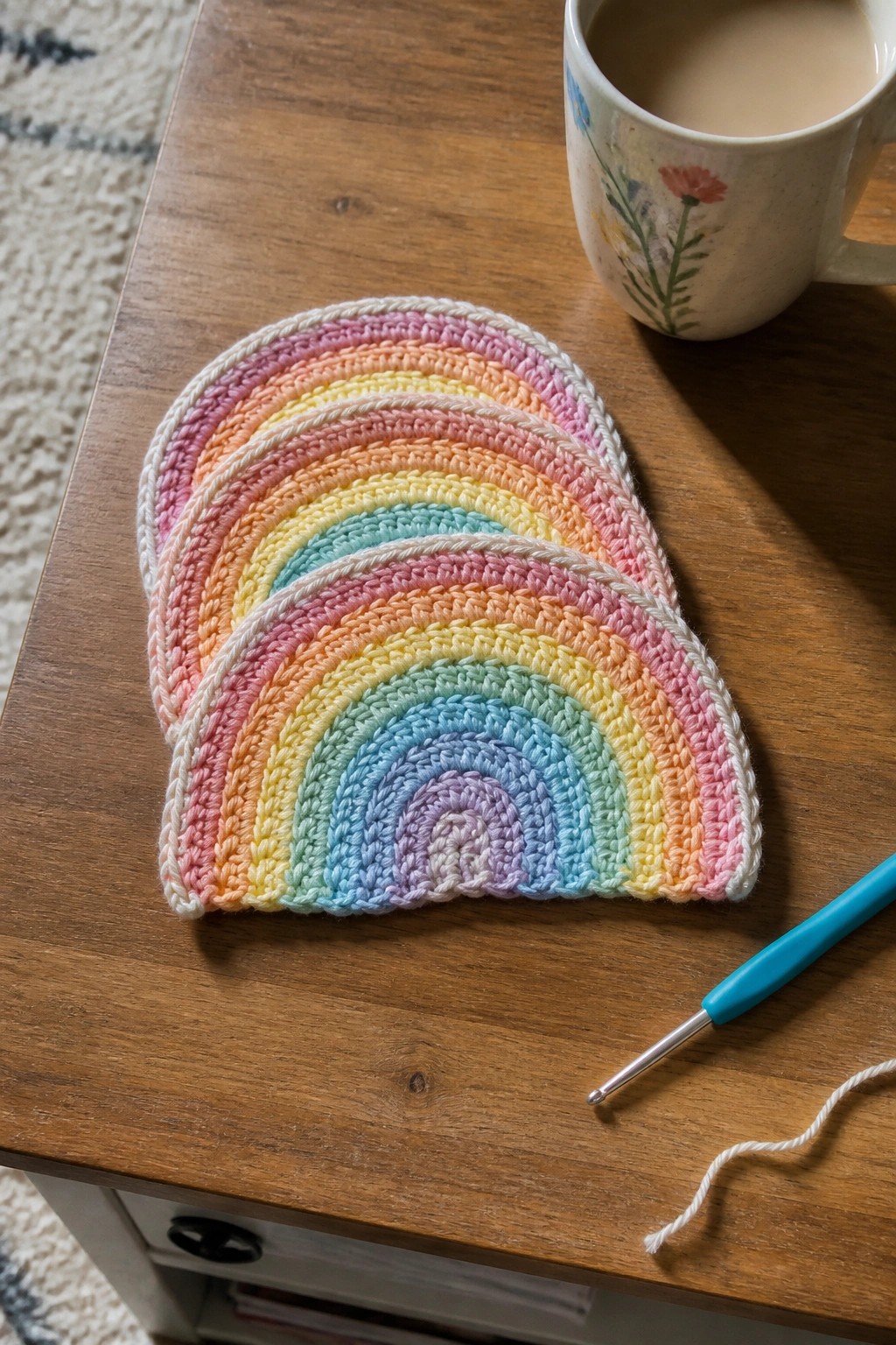 Pastel rainbow crocheted mat on wooden table beside floral mug and hook.