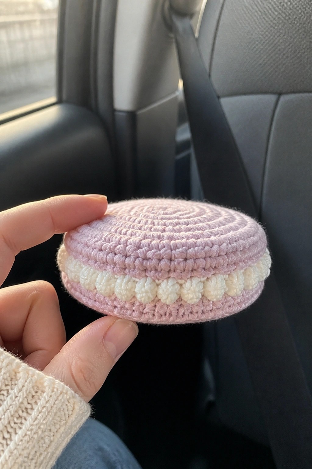 Hand holding pink crocheted macaron with white edge in car seat