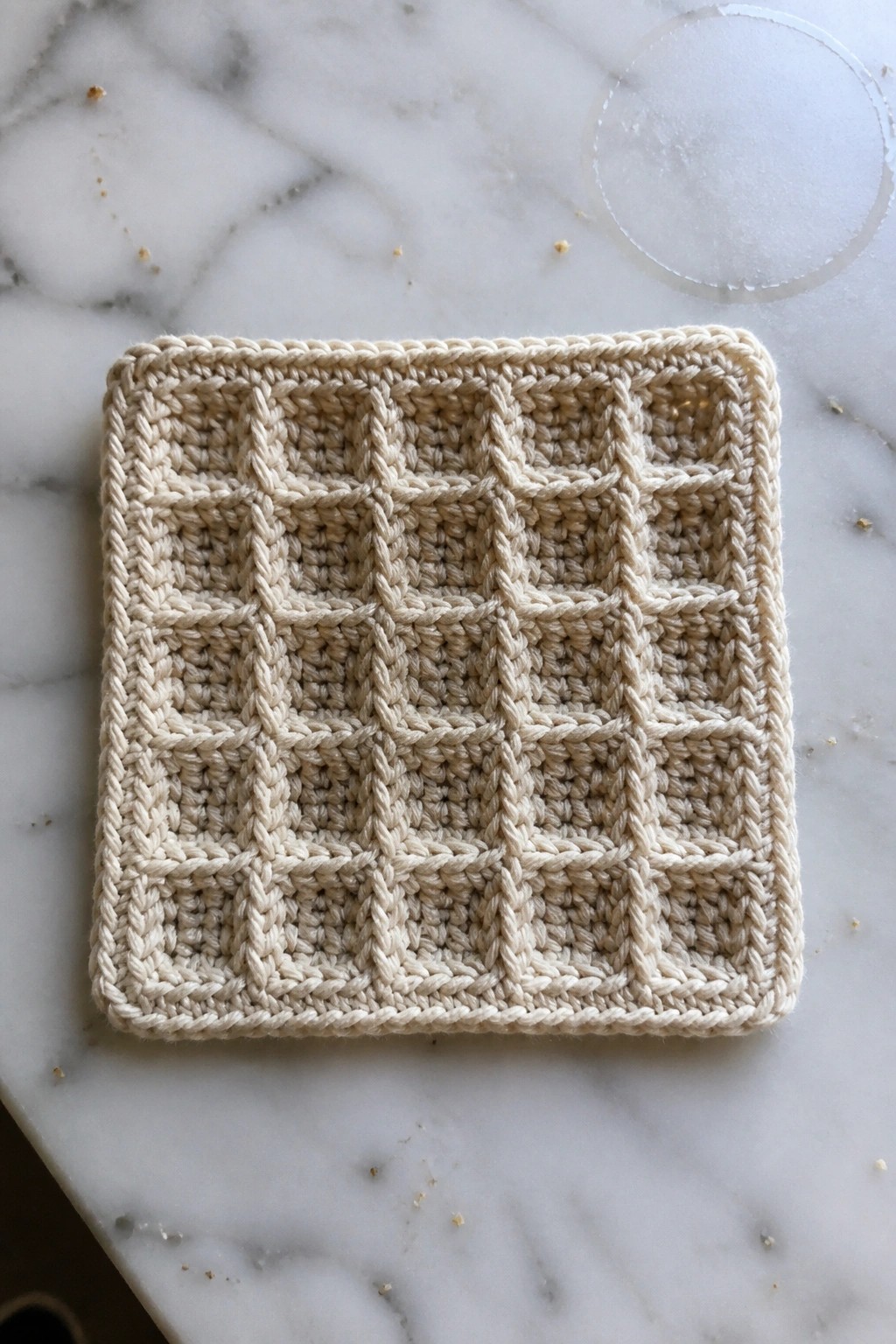 Beige crocheted square with waffle grid pattern on white marble countertop