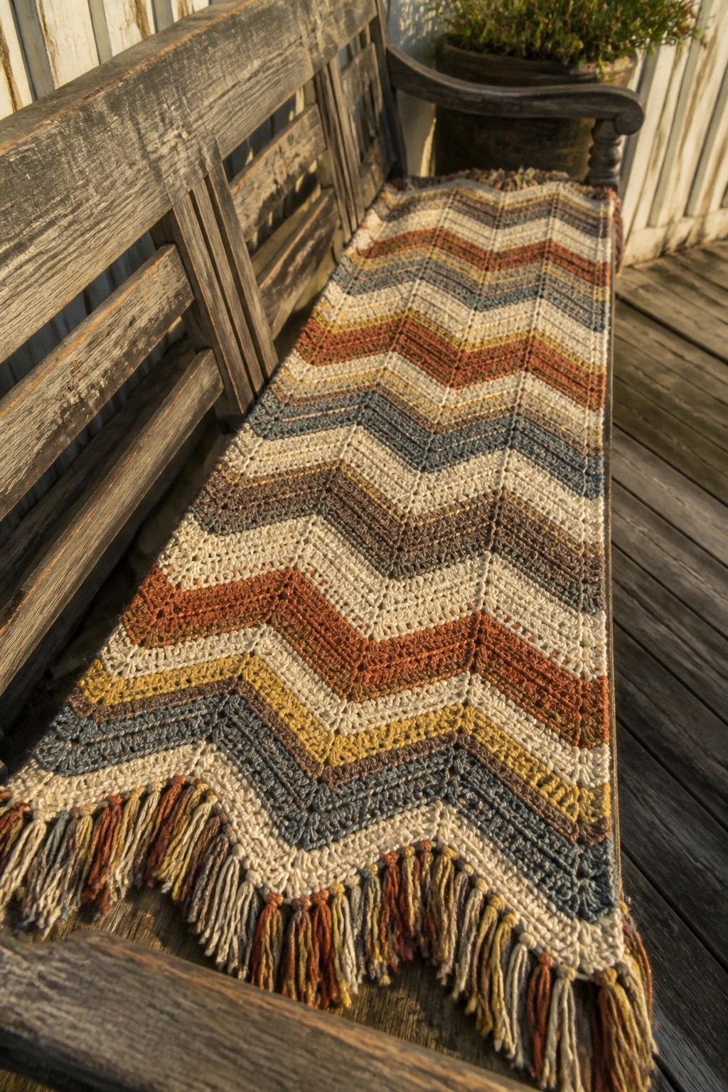 Colorful chevron crochet runner with fringe on rustic wooden bench