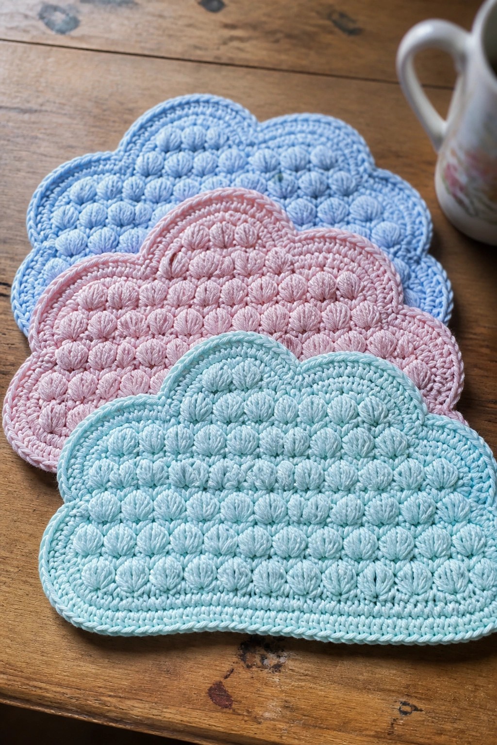 Three pastel crocheted cloud coasters in blue, pink, and mint on wood.
