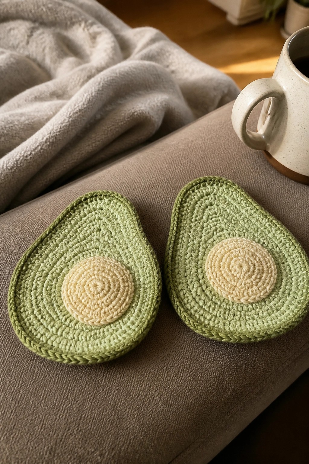 Two crocheted avocado coasters in green beside a white mug on fabric