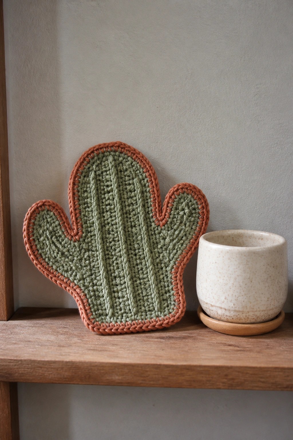 Sage green crocheted cactus trivet with terracotta border beside speckled ceramic cup on wood