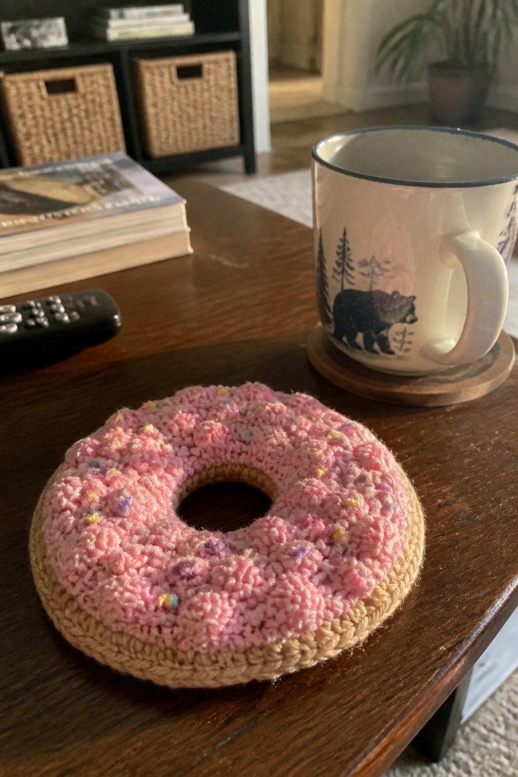 Pink crocheted donut coaster with sprinkles beside bear mug on wooden table