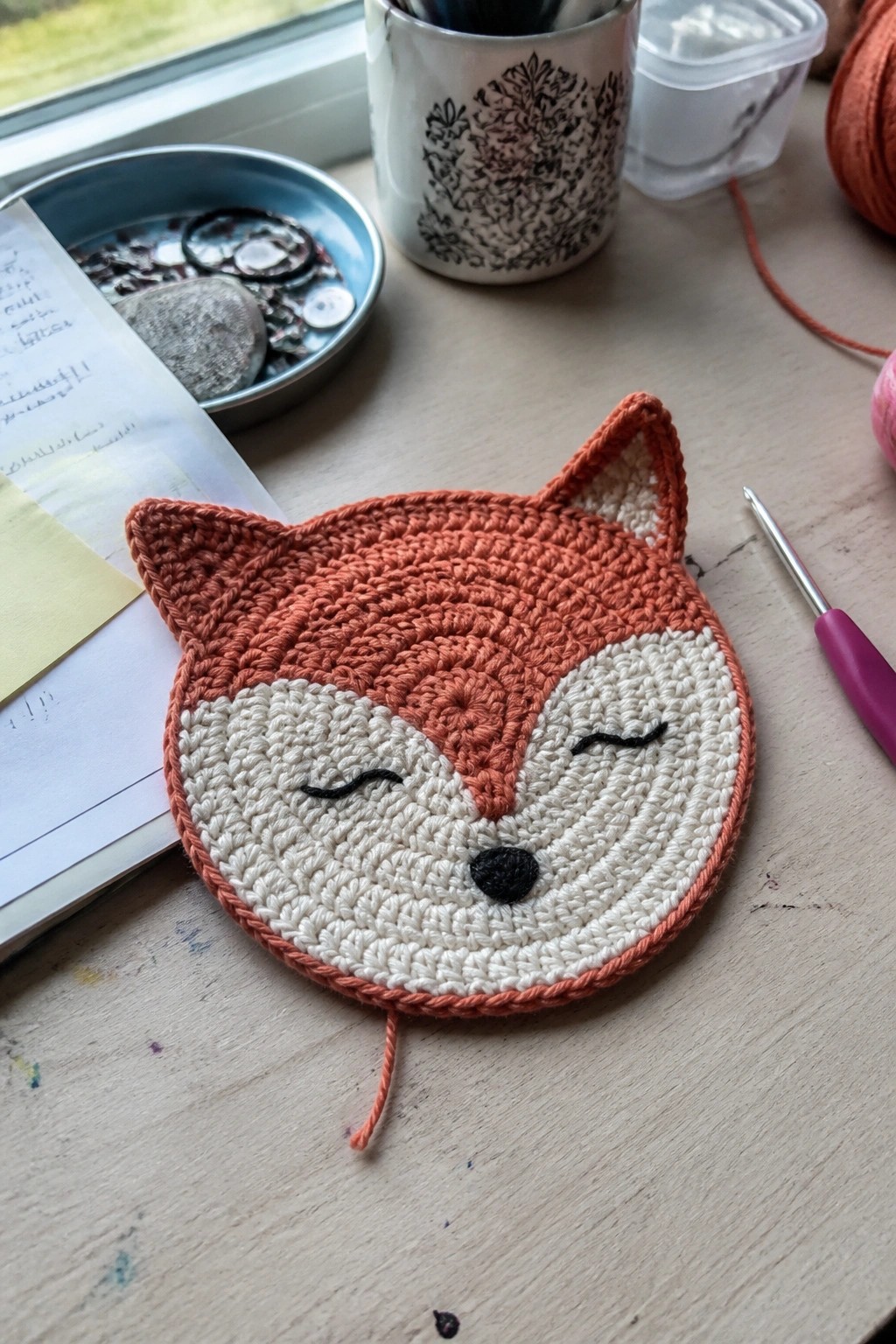 A crocheted fox face coaster in orange and white yarn with black details sits on a wooden table beside craft supplies.