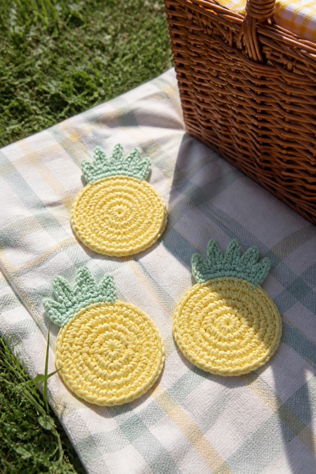 Three yellow crocheted coasters with green leaf tops arranged on a plaid picnic blanket next to a wicker basket.