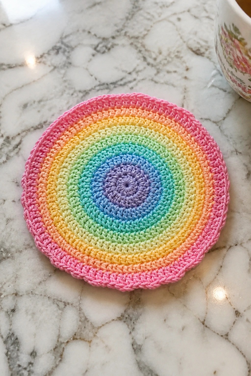 Crocheted rainbow coaster with pink border on white marble beside floral teacup