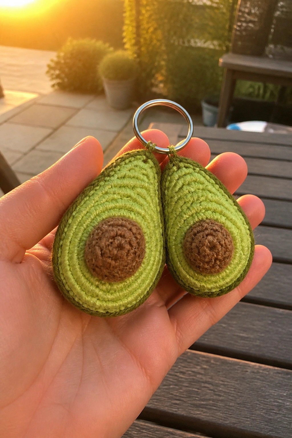 Two crocheted avocado halves attached to a metal keyring.