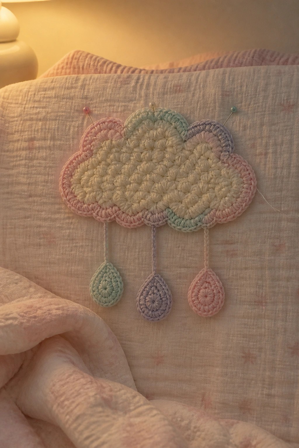 A multicolored crocheted cloud with three hanging teardrop shapes pinned to pink fabric.