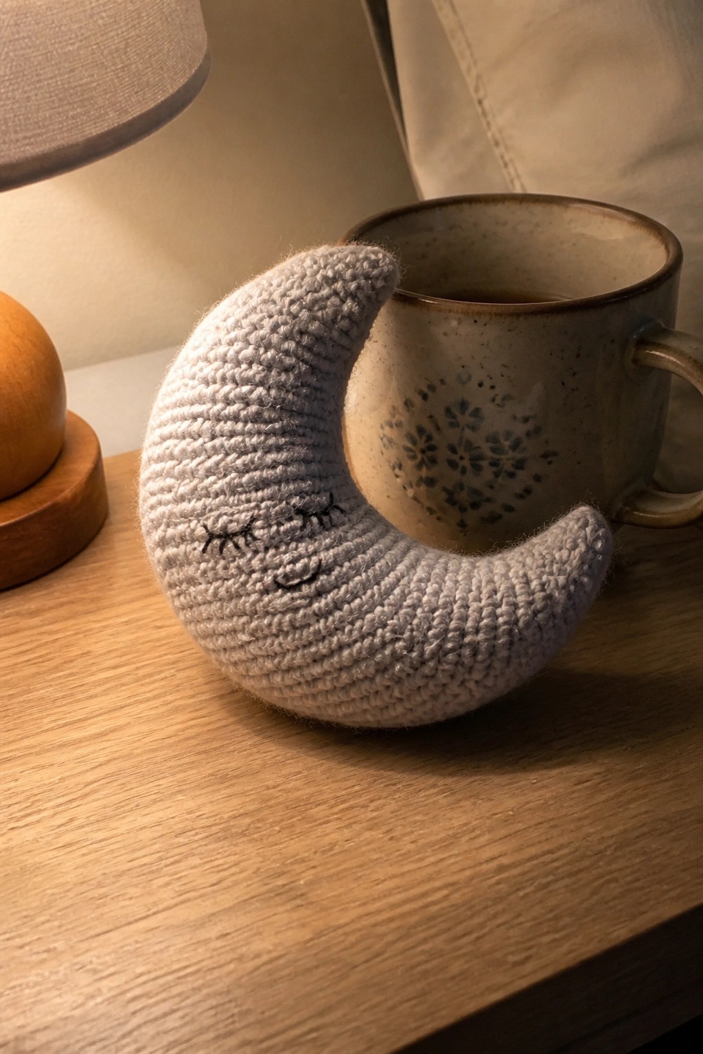 Gray crocheted crescent moon with sleepy face beside floral ceramic mug on wood