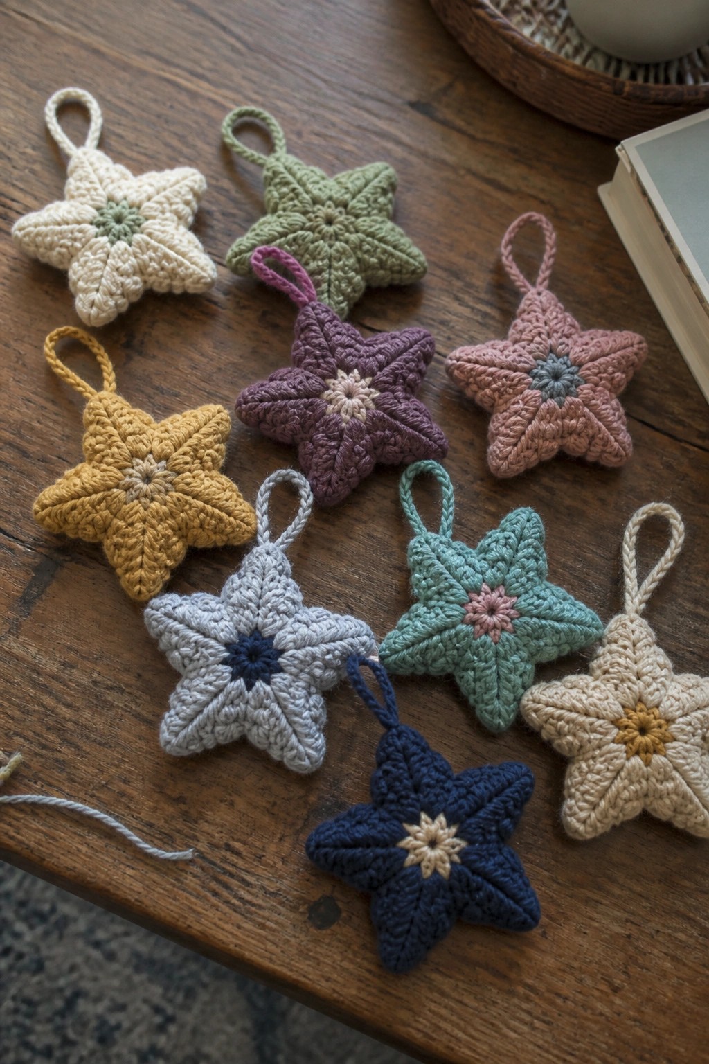 Colorful crocheted star ornaments with hanging loops on a wooden table