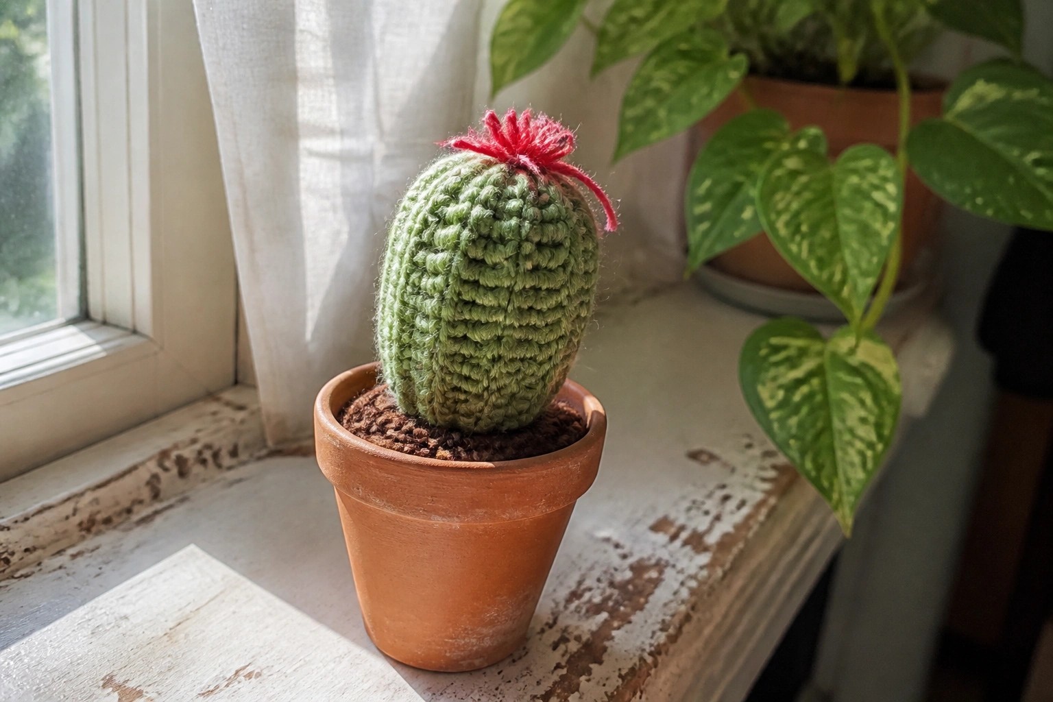 Green crocheted cactus with brown flower in terracotta pot on white windowsill