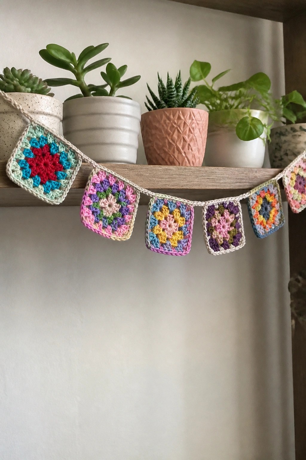 A string of multicolored crochet granny squares hangs across a wooden shelf with potted plants behind it.