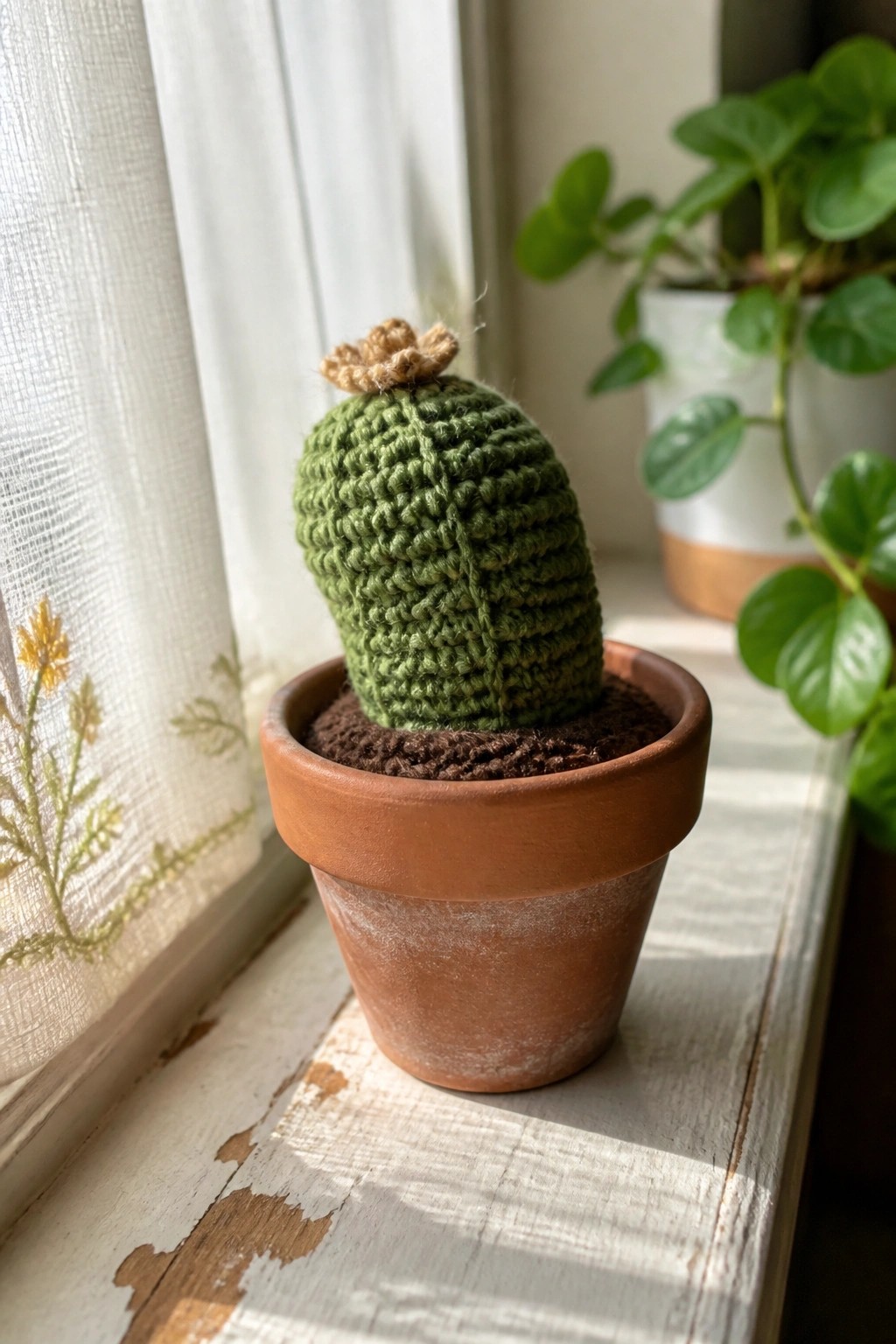 Green crocheted cactus with brown flower in terracotta pot on white windowsill