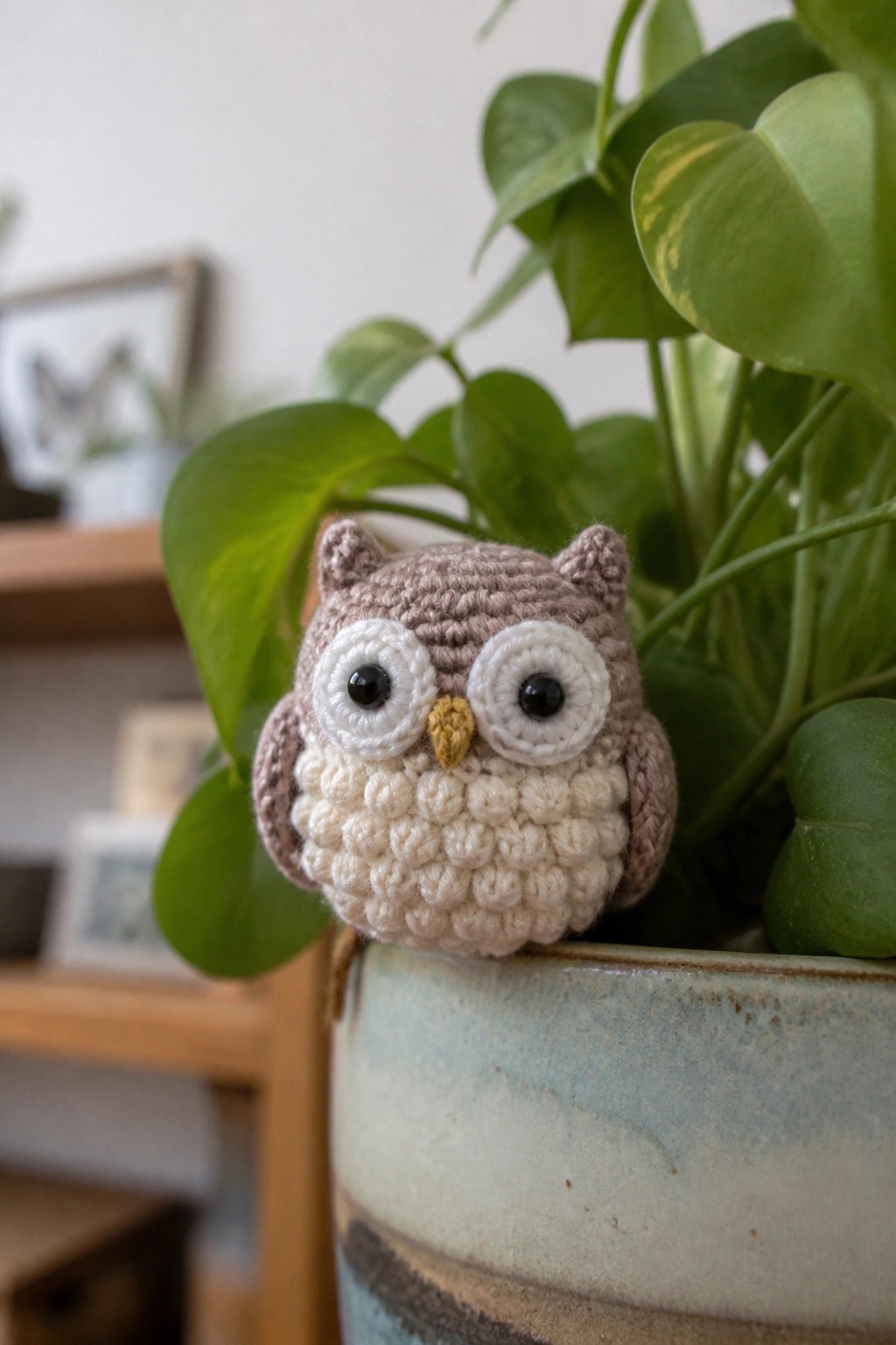 A small crocheted owl with a brown body, cream belly, and large white eyes rests on the rim of a ceramic plant pot surrounded by green leaves.