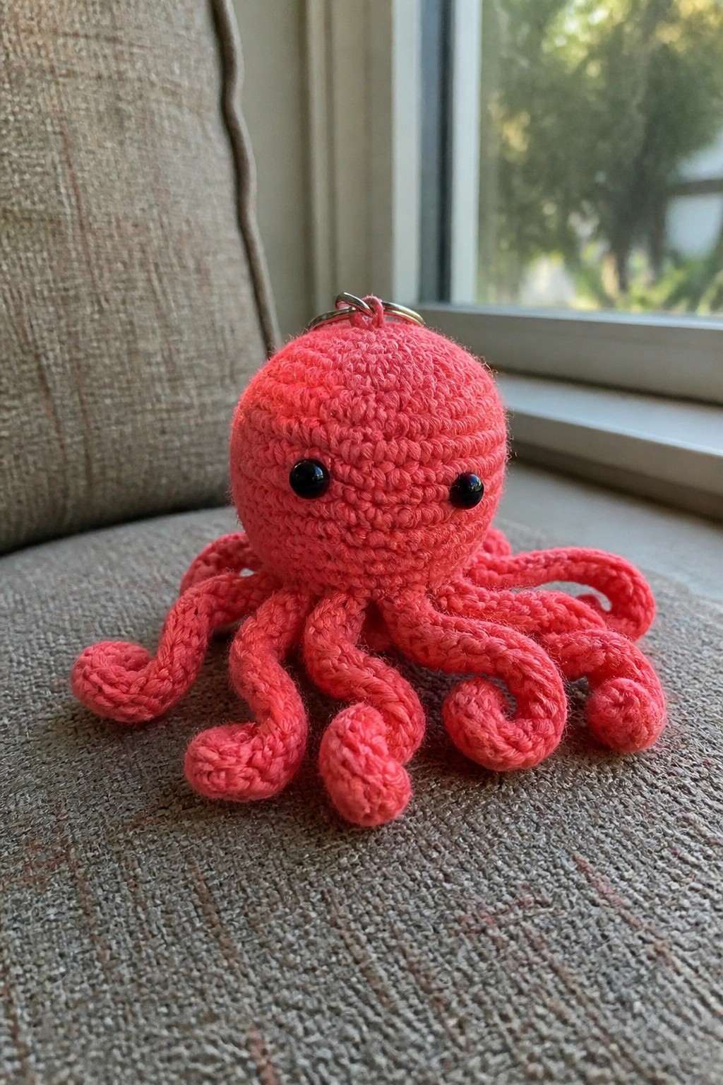 Pink crocheted octopus keychain with black eyes on gray fabric by window