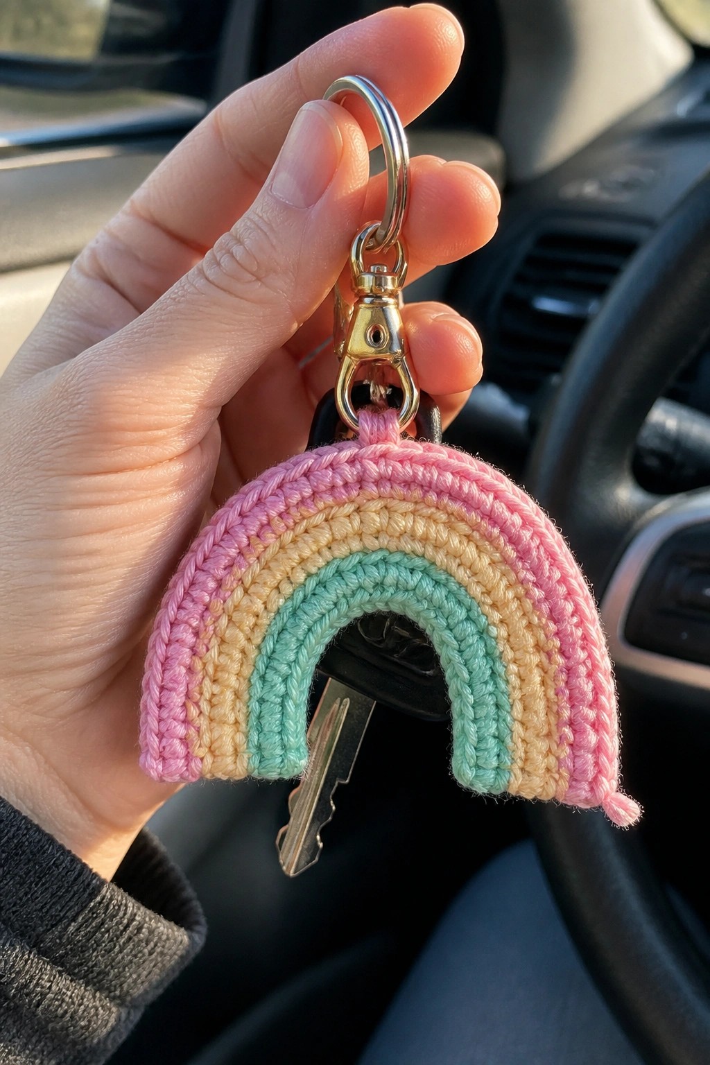 Hand holding crocheted pastel rainbow keychain with keys in car interior