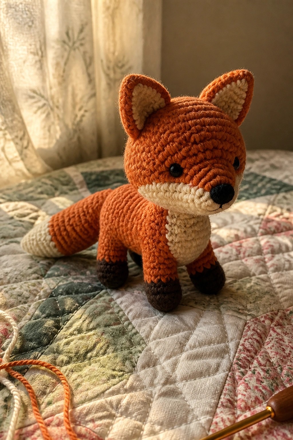 Crocheted orange fox toy on floral quilt beside crochet hook and yarn