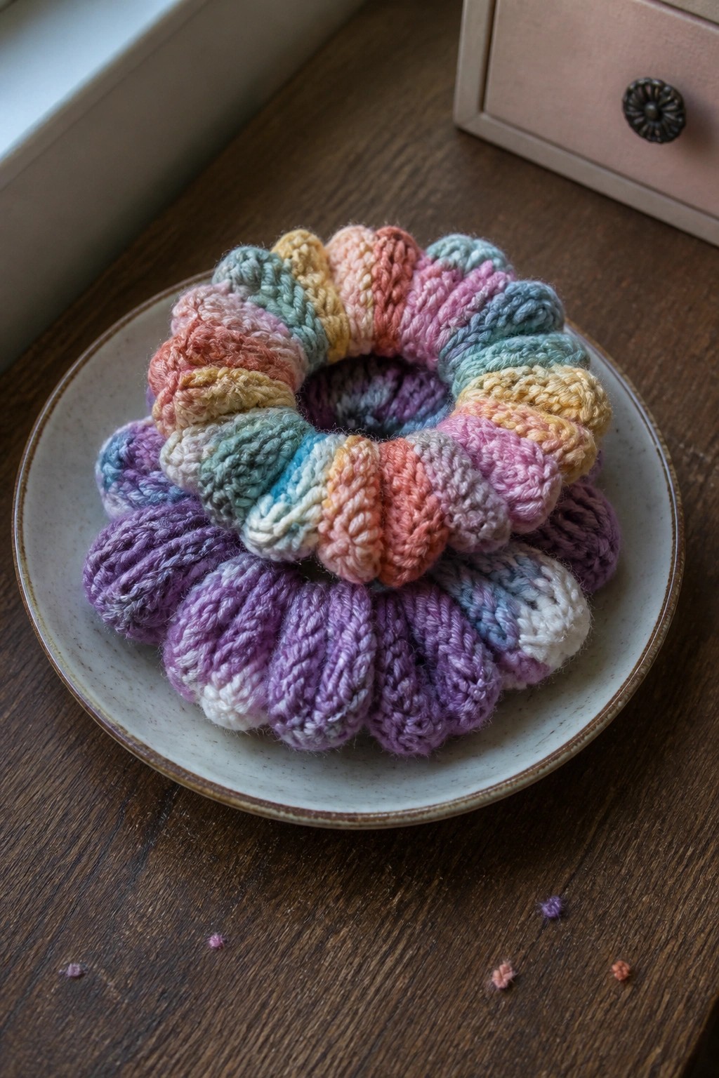 Pastel rainbow knitted scrunchie on white plate atop wooden table