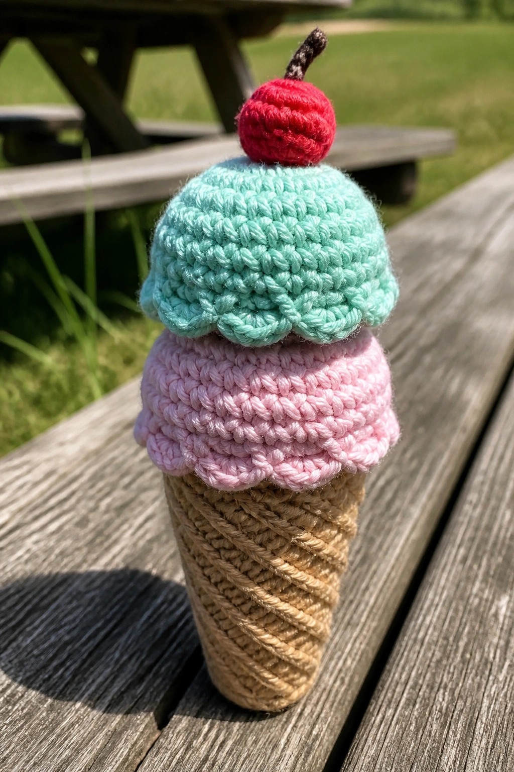 Crocheted ice cream cone with pink and mint scoops topped by a red cherry on wood