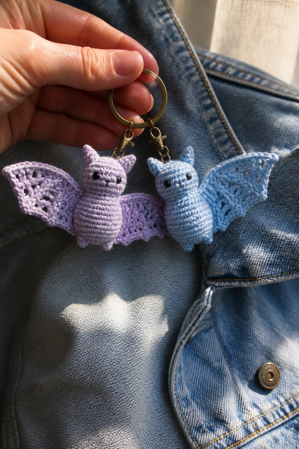 Hand holding purple and blue crocheted bat keychains over a denim jacket