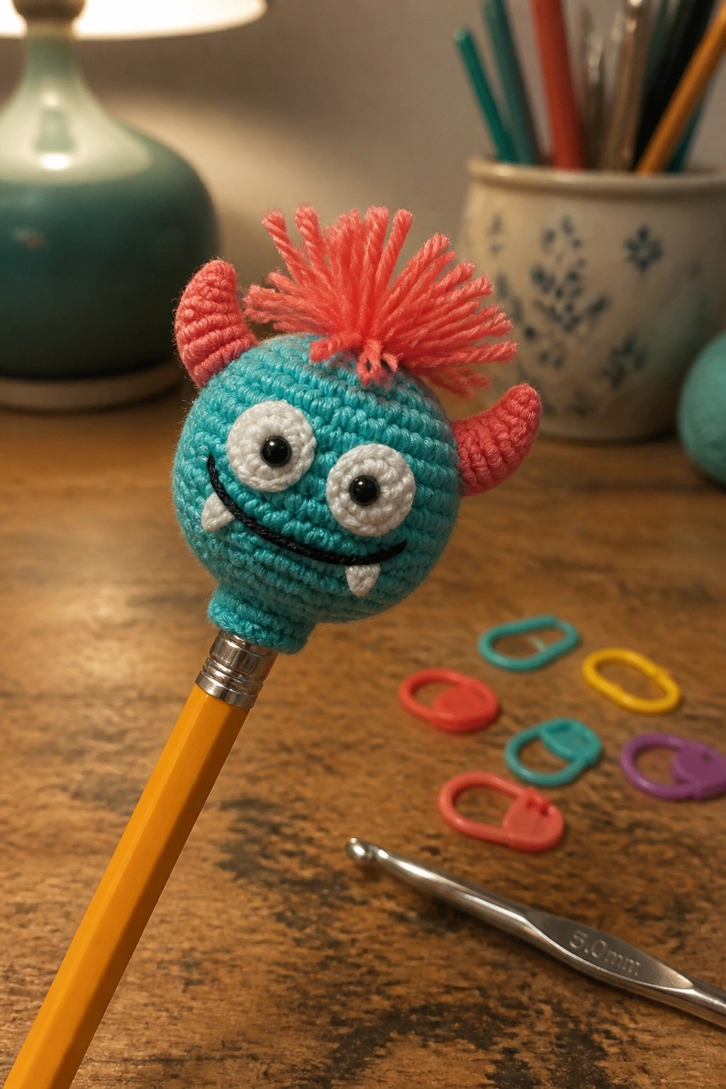 A turquoise crocheted monster head with pink horns and pink hair sits on the end of a yellow pencil beside a metal crochet hook and colorful stitch markers.