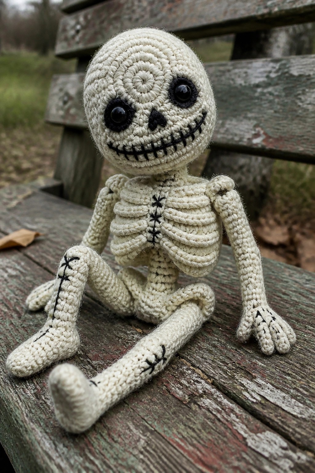 Crocheted cream skeleton doll with black stitches seated on weathered wooden bench