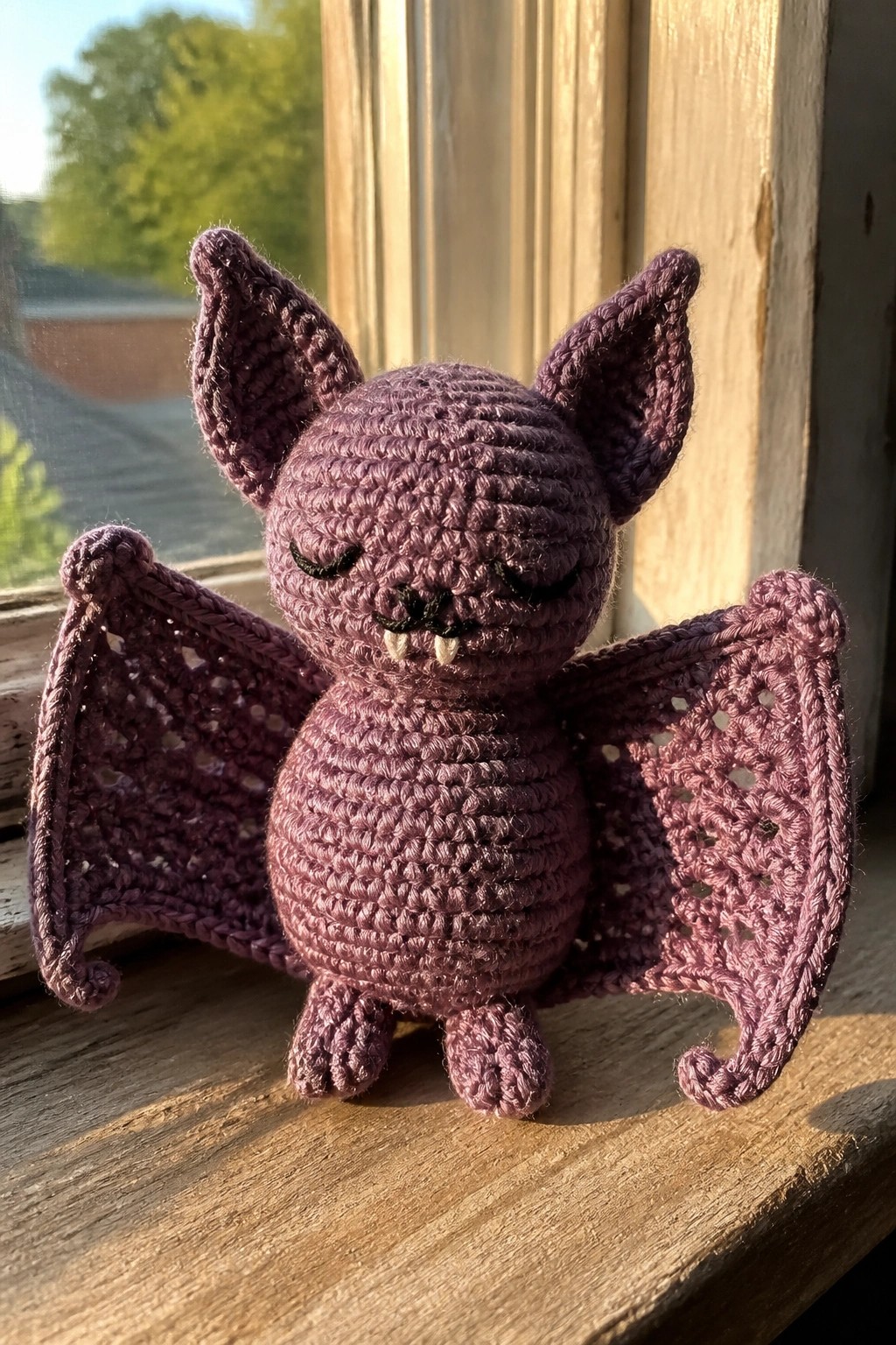 Purple crocheted bat amigurumi with spread wings on wooden windowsill.