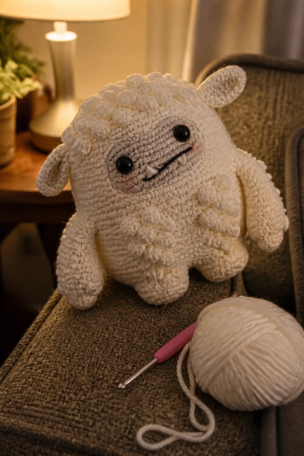 White crocheted sheep toy beside yarn ball and pink crochet hook on brown fabric.