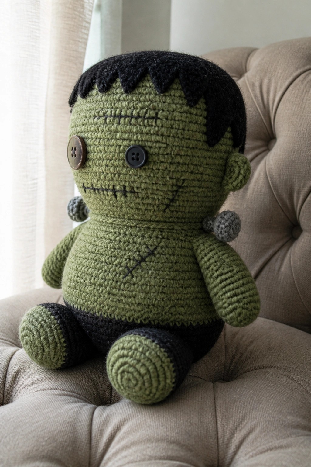 Green crocheted Frankenstein doll with button eyes on beige tufted chair