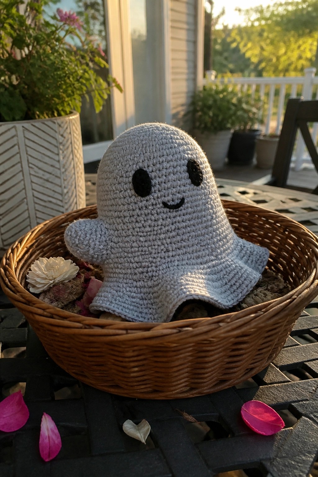 Gray crocheted ghost with smiling face in wicker basket on patio table