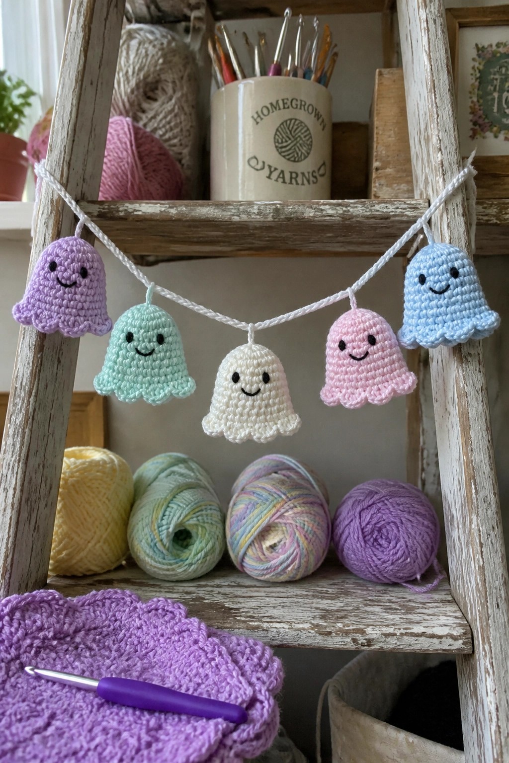 Five crocheted ghost figures in pastel colors hang from a white yarn string across a wooden ladder shelf.