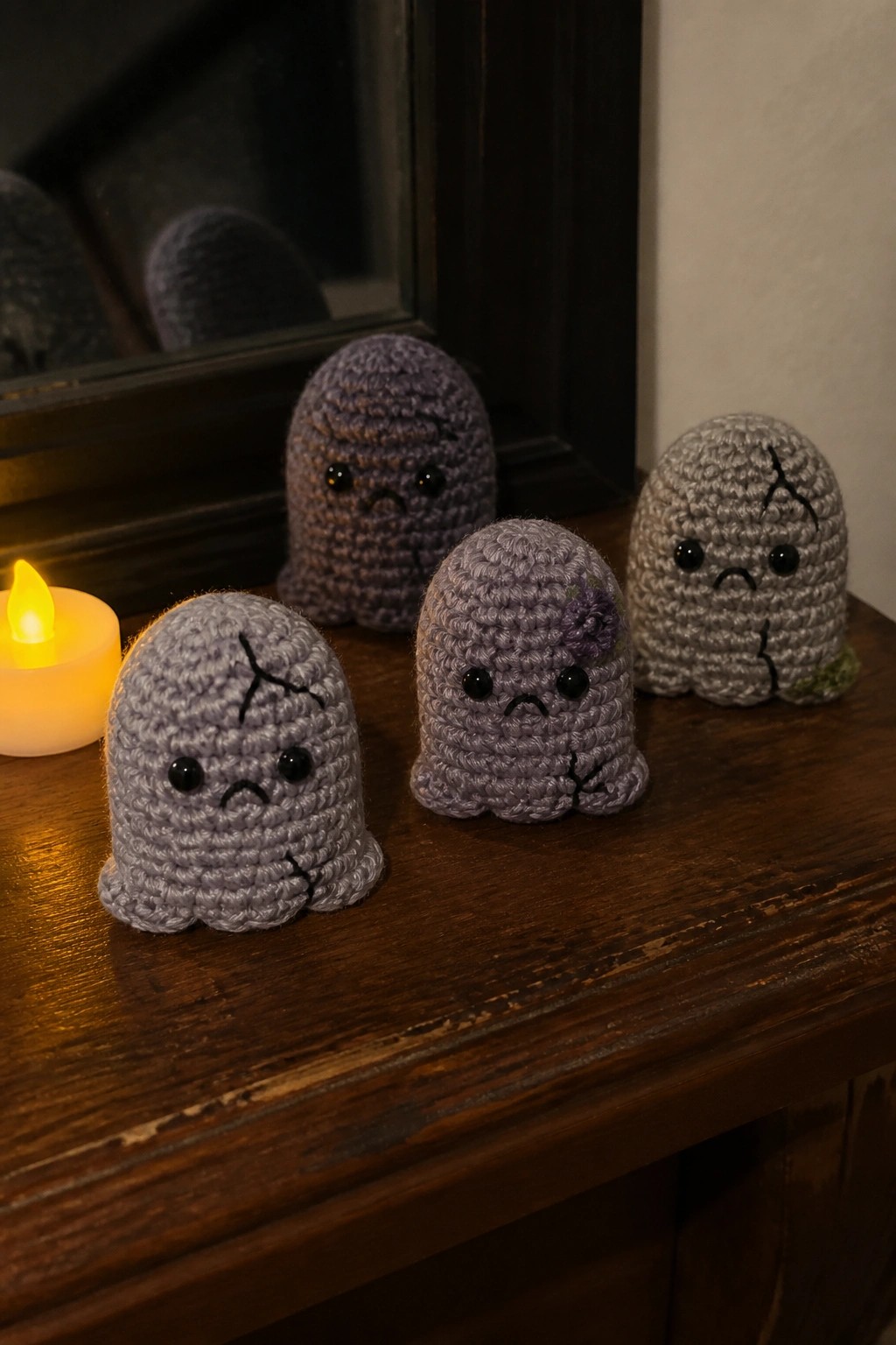 Four crocheted purple and gray ghost figures with sad faces on wooden table beside candle