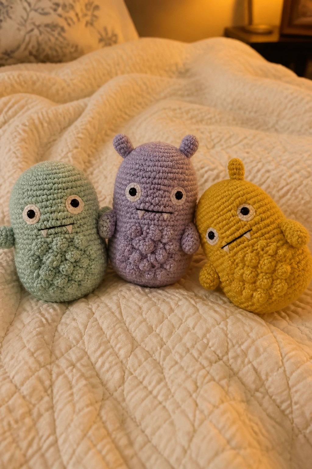 Three colorful crocheted monsters in green, purple, and yellow on white quilt