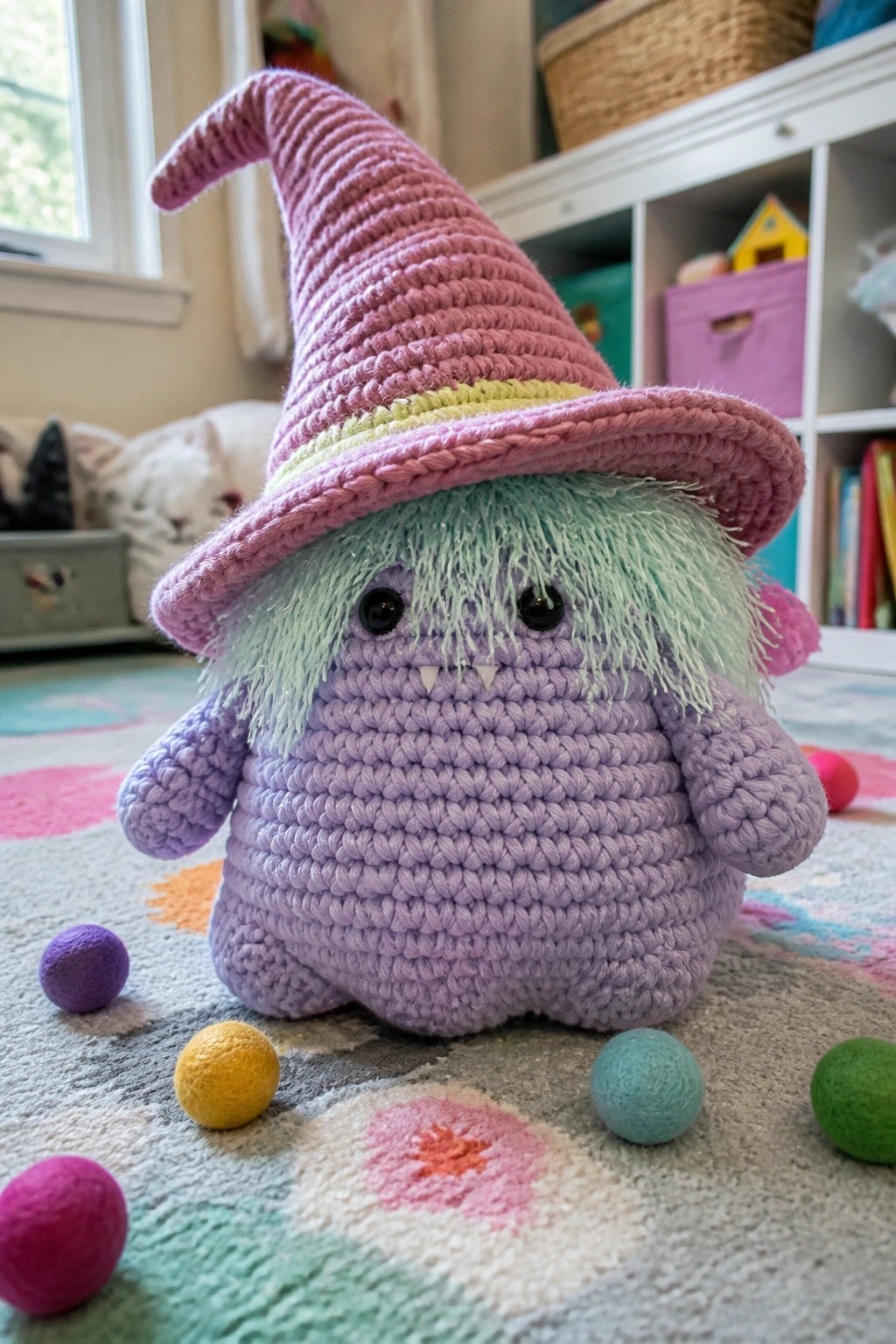 Purple crocheted monster in pink striped witch hat with green fur on rug