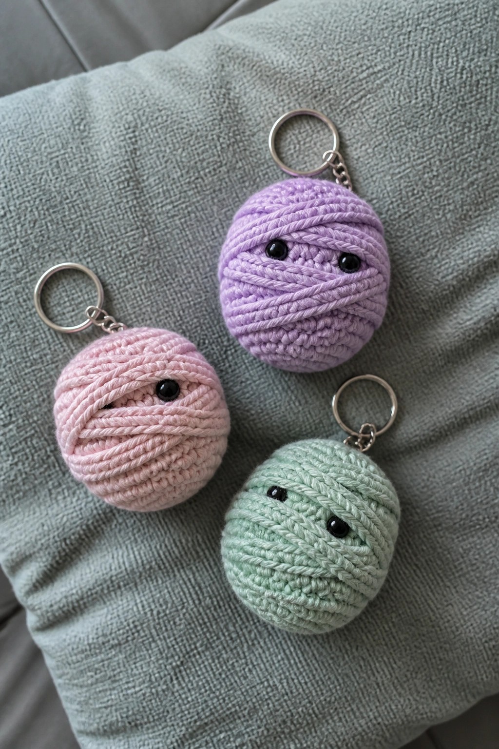 Three pastel crocheted mummy keychains in pink, purple, and green on gray fabric.